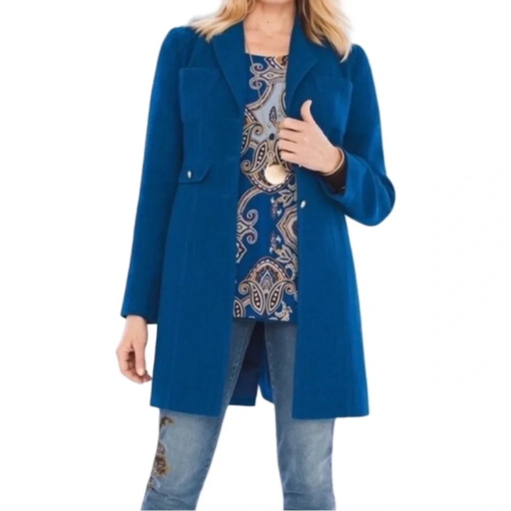Chico's Women‎ Modern Textured Jacket Blue Gold Buttons Medium 8 EUC Luxe Preppy